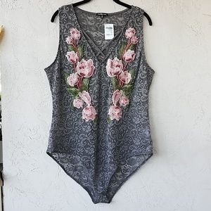 Gray Lace Embroidered Bodysuit